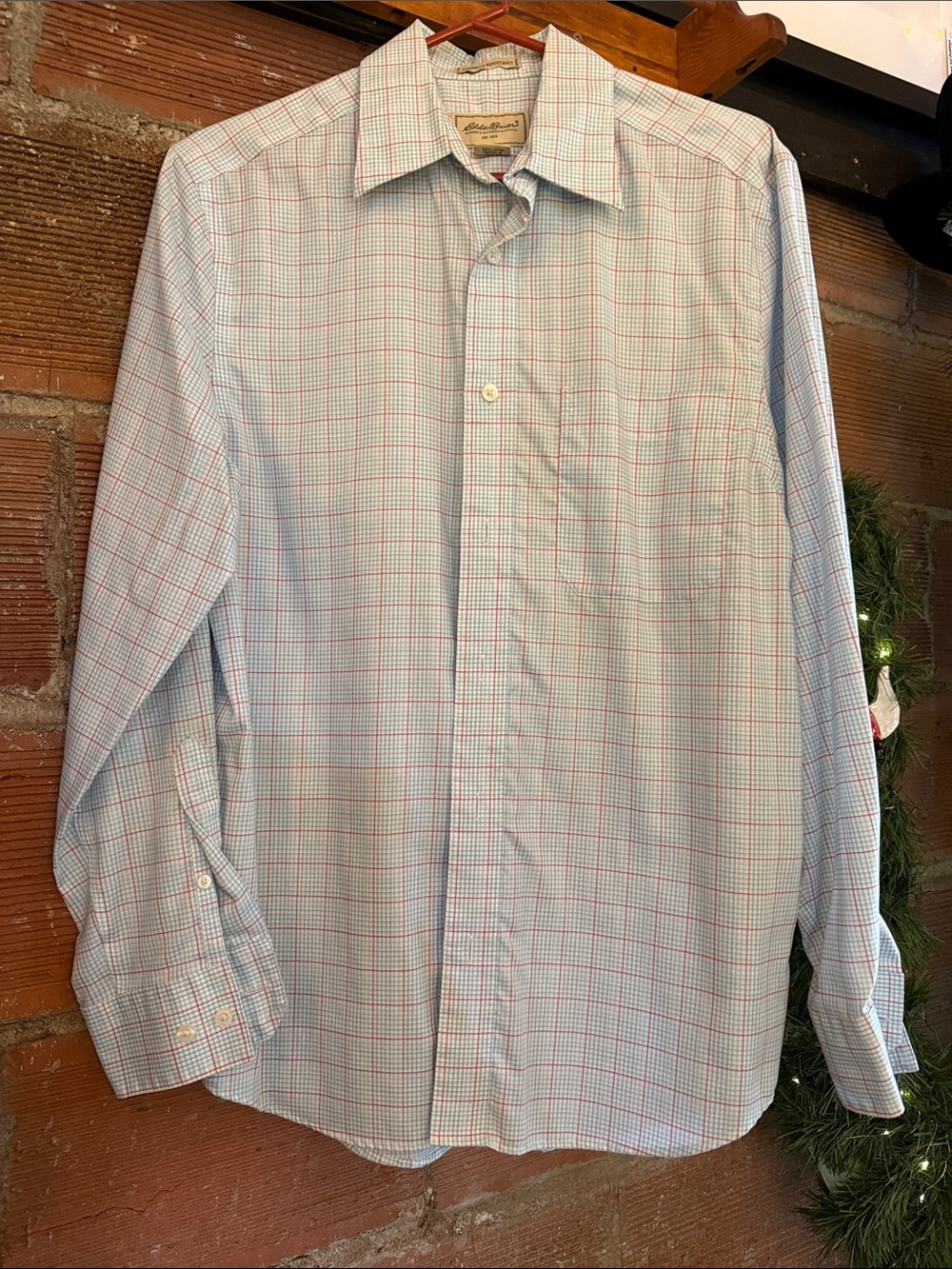 Eddie Bauer Light Blue Button-Down Shirt with Red Windowpane